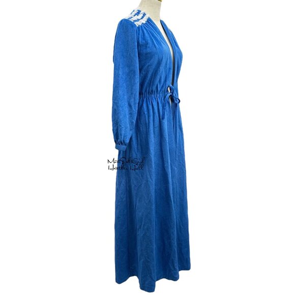 Vintage 1980's Julie Girl Blue Robe Drawstring Waist & Lace Accent Trim - Picture 3 of 6